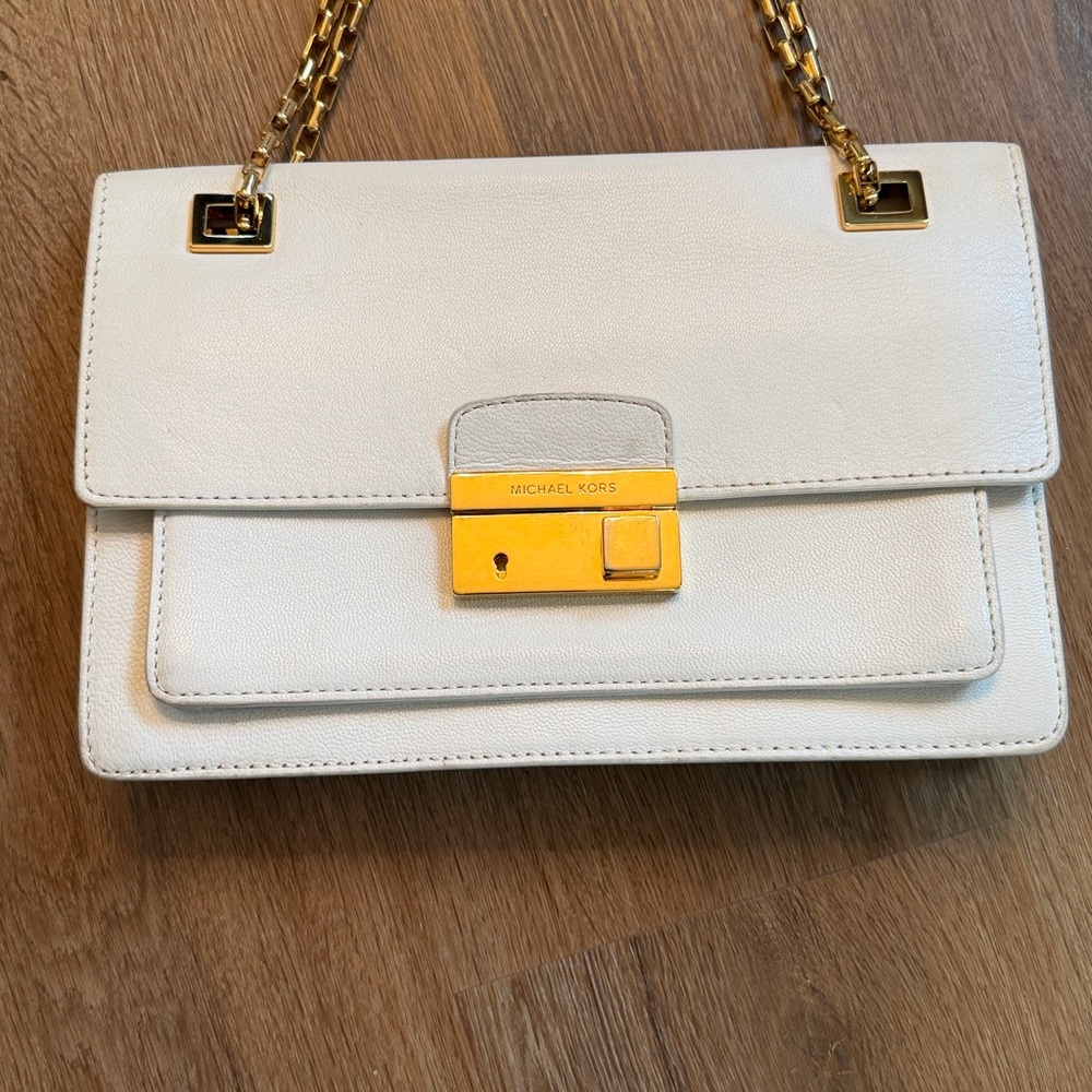 Michael Kors Collection White Leather and Gold Chain Handbag